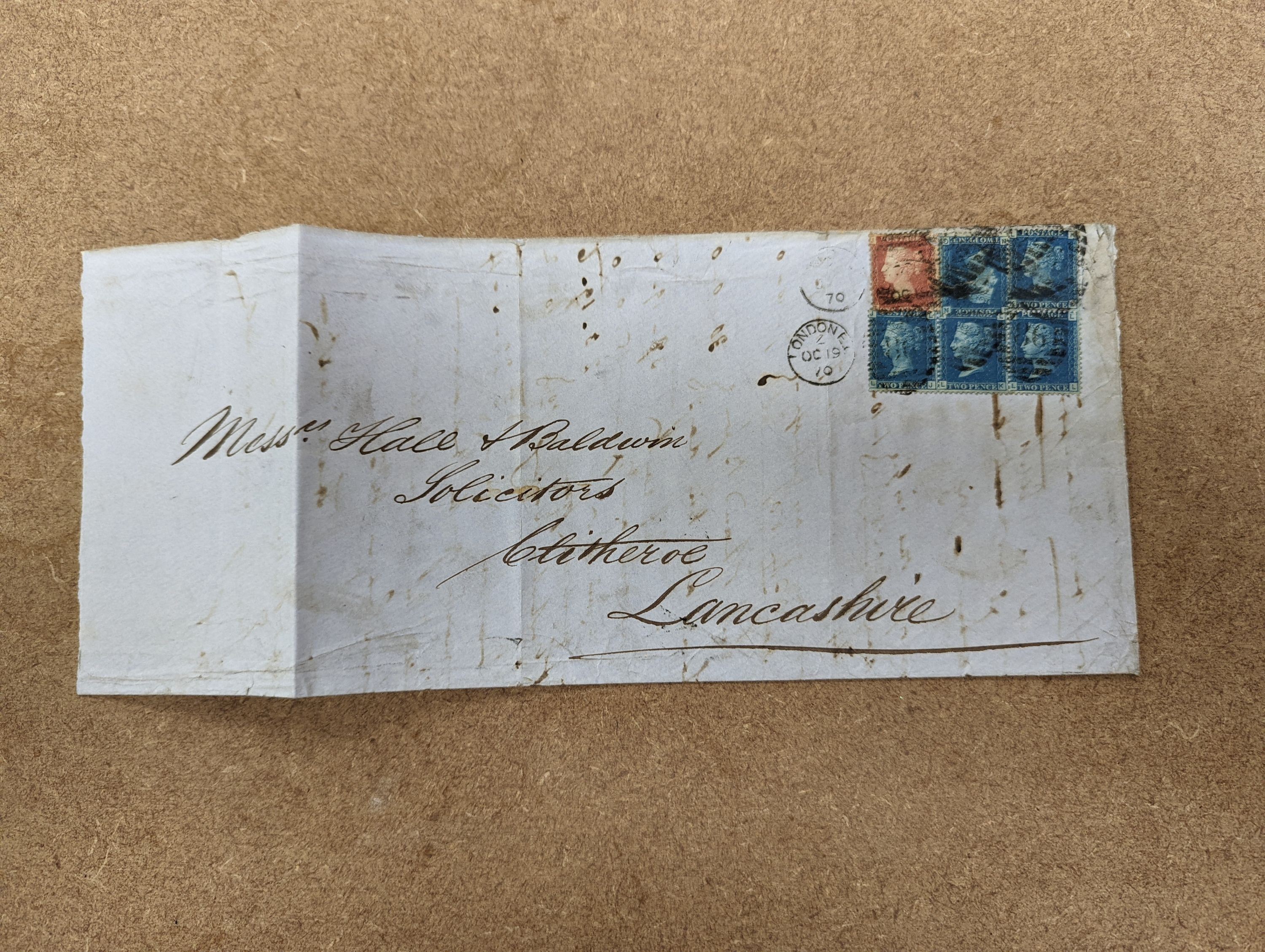 Great Britain group of seven covers with Dec. 1840 1d black plate 4, Feb. 1841 1d black, pair plate 8 to Southampton, Apr. 1841 1d black plate 7, 1856 2d blue. Two large covers with 1d reds and 1858 2d blue. 1858 pair 4d
